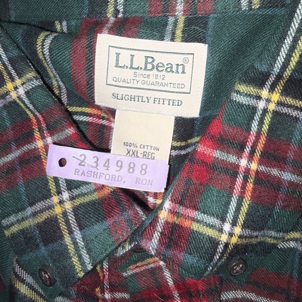 LL Bean Mens Flannel XXL 2XL Button Down Slightly Fitted Plaid Green Red - Picture 6 of 7